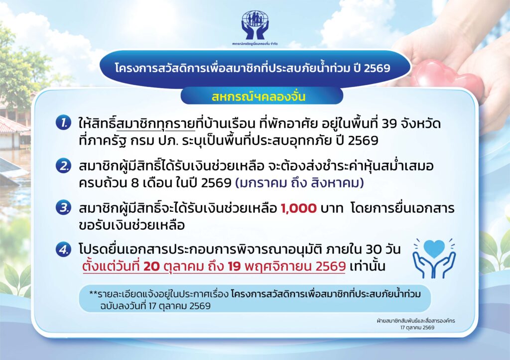 ประกาศสวัสดิการเงินช่วยเหลือสมาชิกประสบอุทกภัย ปี 2569